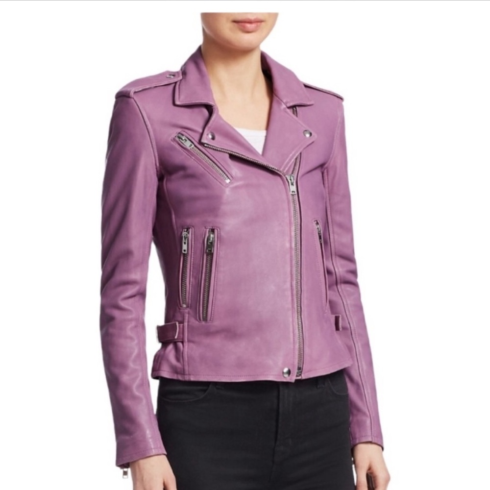 IRO Newhan leather jacket in purple with silver matte hardware